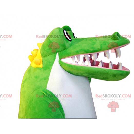 Super divertida mascote crocodilo verde e branco. Fantasia de