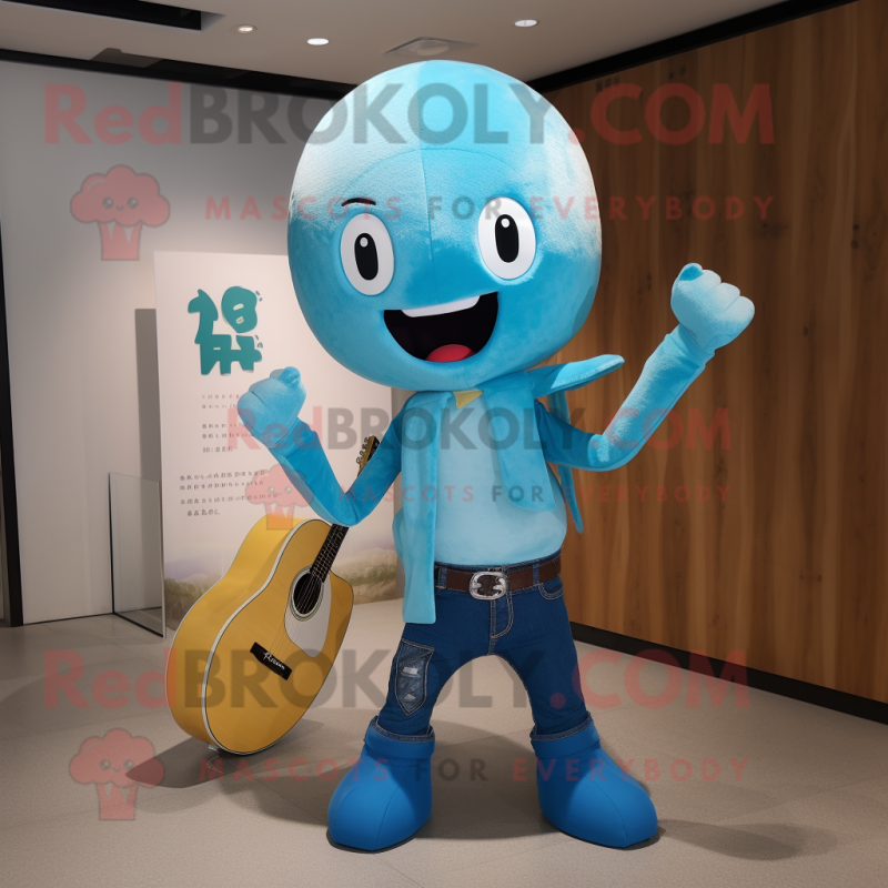 Cyan Miso Soup mascot costume character dressed with a Bootcut Jeans and Anklets Cyan Miso Soup mascot costume character dressed with a Bootcut Jeans and Anklets