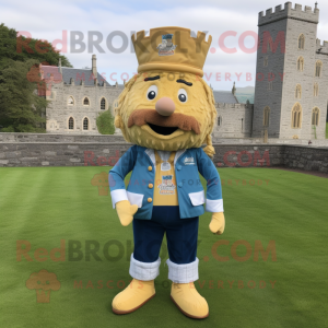 Gold Irish Castle mascot costume character dressed with a Chambray Shirt and Shoe laces