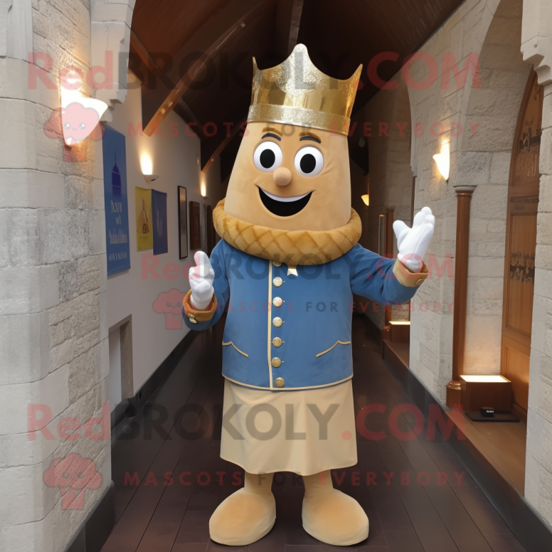 Gold Irish Castle mascot costume character dressed with a Chambray Shirt and Shoe laces