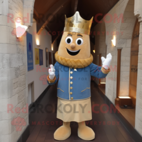 Gold Irish Castle mascot costume character dressed with a Chambray Shirt and Shoe laces