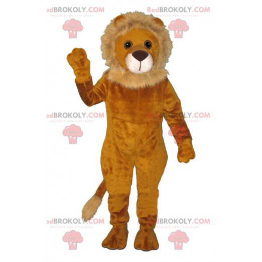 Mascotte leone arancione e beige morbida e pelosa -