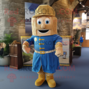 Gold Irish Castle mascot costume character dressed with a Chambray Shirt and Shoe laces