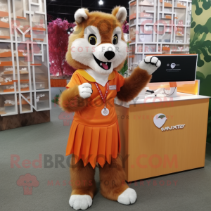 Orange Wolf mascot costume character dressed with a Pleated Skirt and Keychains