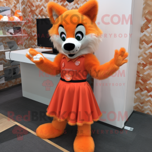 Orange Wolf mascot costume character dressed with a Pleated Skirt and Keychains