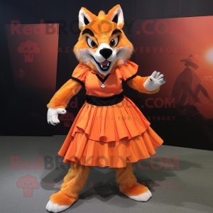 Orange Wolf mascot costume character dressed with a Pleated Skirt and Keychains