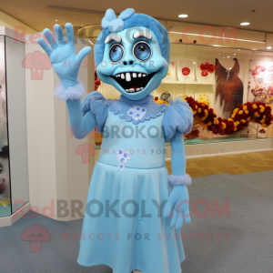 Sky Blue Undead mascot costume character dressed with a Shift Dress and Rings