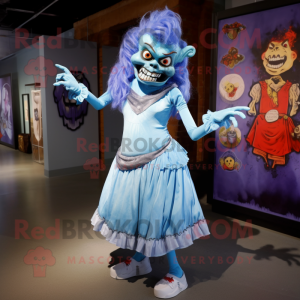 Sky Blue Undead mascot costume character dressed with a Shift Dress and Rings