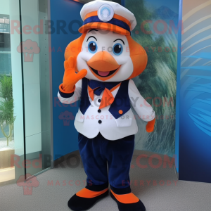 Navy Clown Fish mascot costume character dressed with a Vest and Hats