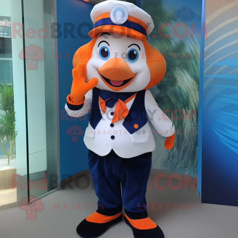 Navy Clown Fish mascot costume character dressed with a Vest and Hats