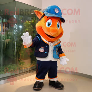 Navy Clown Fish mascot costume character dressed with a Vest and Hats