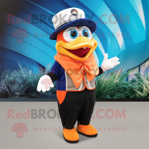 Navy Clown Fish mascot costume character dressed with a Vest and Hats