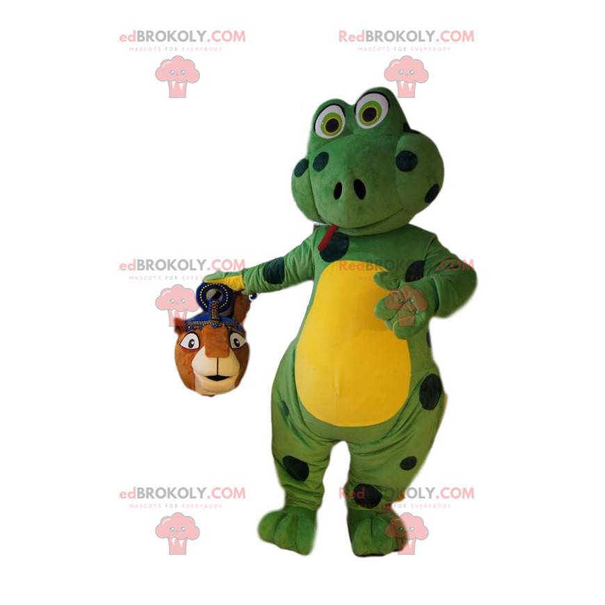 Mascot green lizard with black polka dots. Lizard costume. -