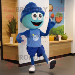 Blue Zucchini mascot costume character dressed with a Running Shorts and Hats