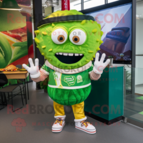 Green Tacos mascot costume character dressed with a Rugby Shirt and Bracelets