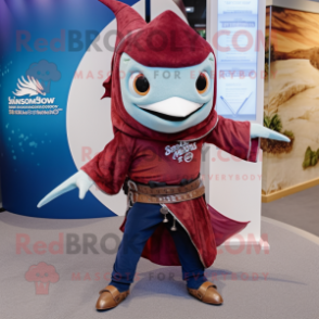 Maroon Swordfish mascot costume character dressed with a Skinny Jeans and Shawls