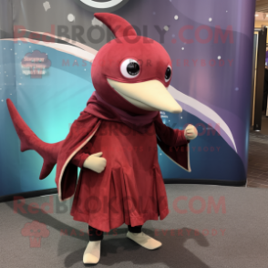 Maroon Swordfish mascot costume character dressed with a Skinny Jeans and Shawls