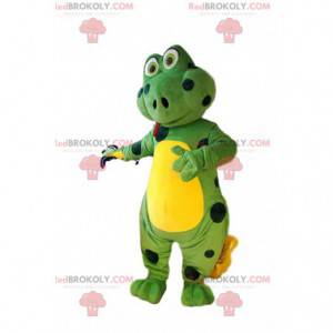 Mascot green lizard with black polka dots. Lizard costume. -