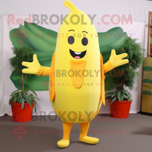 Lemon Yellow Carrot mascot costume character dressed with a Shift Dress and Belts