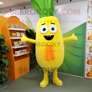 Lemon Yellow Carrot mascot costume character dressed with a Shift Dress and Belts