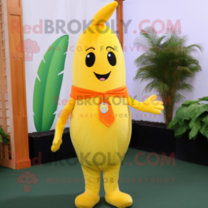 Lemon Yellow Carrot mascot costume character dressed with a Shift Dress and Belts