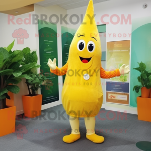 Lemon Yellow Carrot mascot costume character dressed with a Shift Dress and Belts