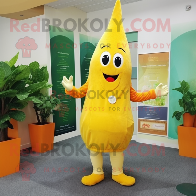 Lemon Yellow Carrot mascot costume character dressed with a Shift Dress and Belts