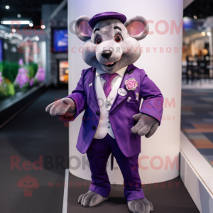 Purple Rat mascot costume character dressed with a Suit Jacket and Brooches