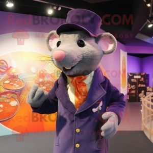 Purple Rat mascot costume character dressed with a Suit Jacket and Brooches