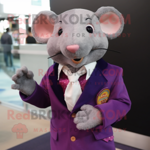 Purple Rat mascot costume character dressed with a Suit Jacket and Brooches