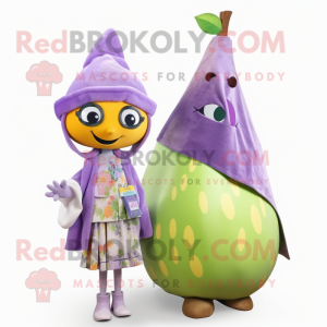 Lavender Pear mascot costume character dressed with a Shift Dress and Scarves