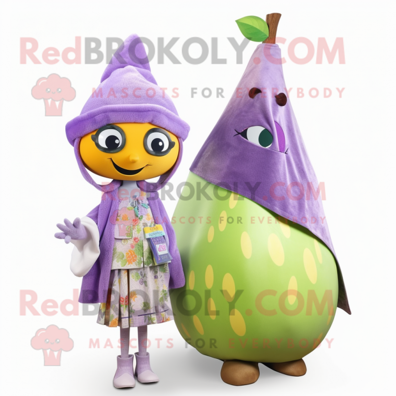 Lavender Pear mascot costume character dressed with a Shift Dress and Scarves