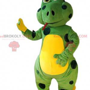 Mascot green lizard with black polka dots. Lizard costume. -