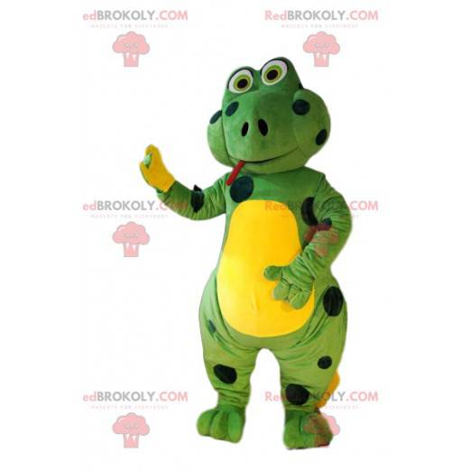 Mascot green lizard with black polka dots. Lizard costume. -