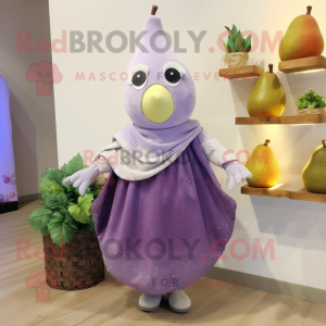 Lavender Pear mascot costume character dressed with a Shift Dress and Scarves