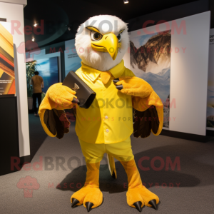 Yellow Haast'S Eagle mascot costume character dressed with a V-Neck Tee and Cufflinks