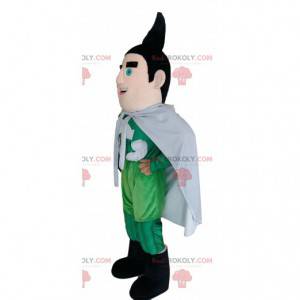 Superheld mascotte in groene outfit met een zwarte trekje. -