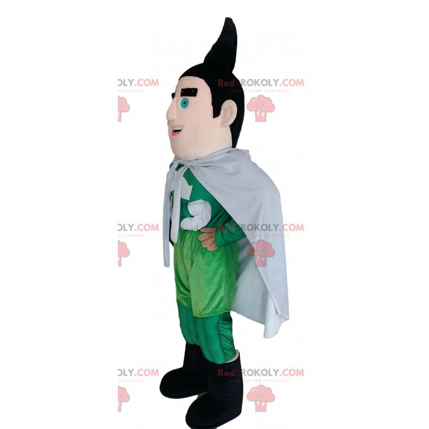 Mascote do super-herói em roupa verde com um puff preto. - Mascote do super-herói em roupa verde com um puff preto. -