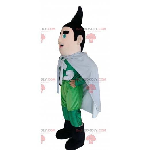 Superhero mascot in green outfit with a black puff. -