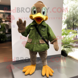 Olive Geese mascot costume character dressed with a Skinny Jeans and Mittens