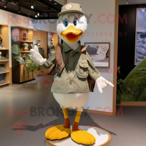 Olive Geese mascot costume character dressed with a Skinny Jeans and Mittens