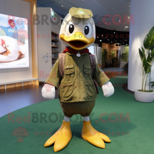 Olive Geese mascot costume character dressed with a Skinny Jeans and Mittens