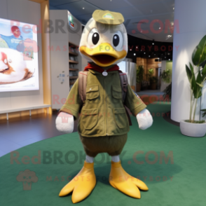 Olive Geese mascot costume character dressed with a Skinny Jeans and Mittens