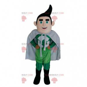 Superhero mascot in green outfit with a black puff. -