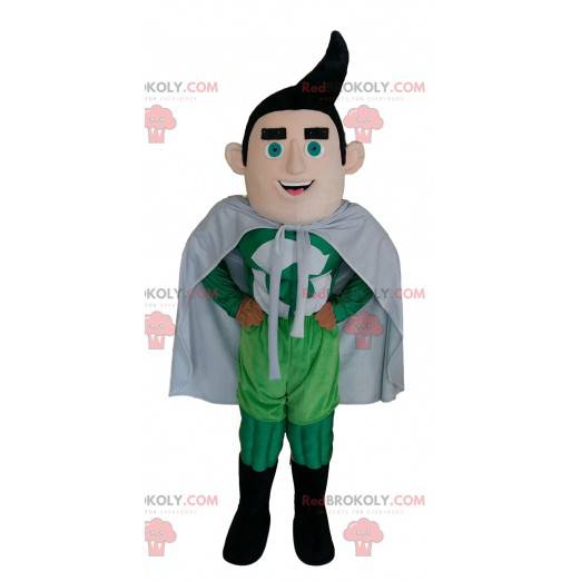 Mascota de superhéroe en traje verde con un puff negro. -