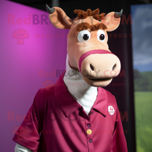 Magenta Jersey Cow mascot costume character dressed with a Button-Up Shirt and Headbands