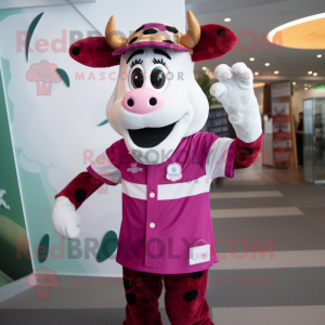 Magenta Jersey Cow mascot costume character dressed with a Button-Up Shirt and Headbands