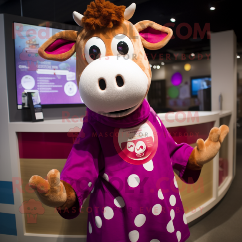 Magenta Jersey Cow mascot costume character dressed with a Button-Up Shirt and Headbands Magenta Jersey Cow mascot costume character dressed with a Button-Up Shirt and Headbands