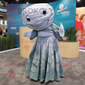 Gray Whale mascot costume character dressed with a Wrap Dress and Hairpins