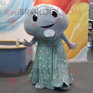 Gray Whale mascot costume character dressed with a Wrap Dress and Hairpins